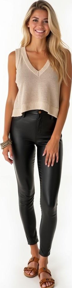 image of cropped sweater vest, leather leggings