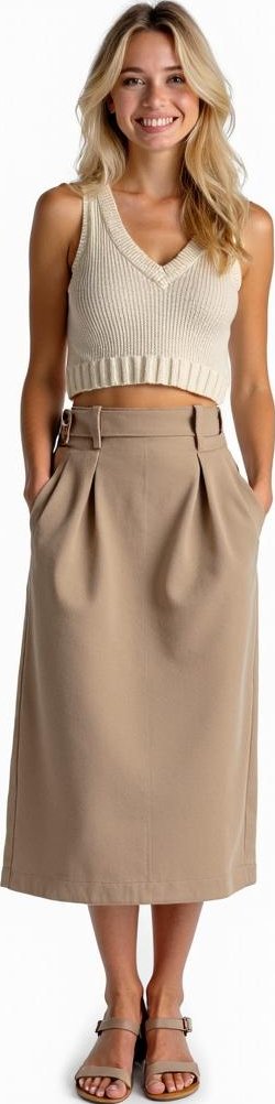 image of cropped sweater vest, midi wool skirt