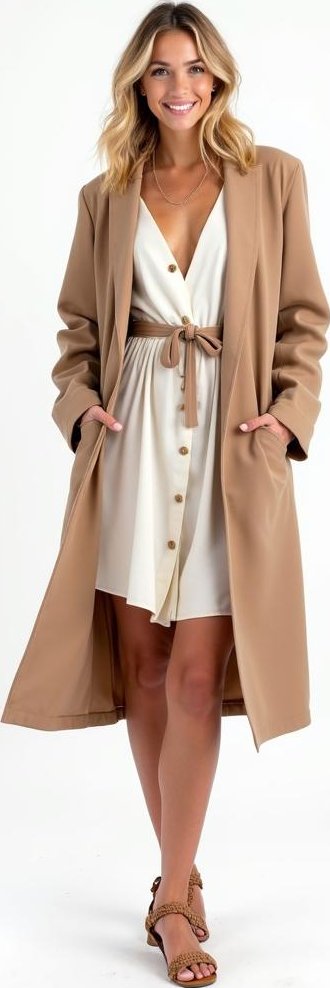 image of long-sleeve wrap adress, belted wrap coat