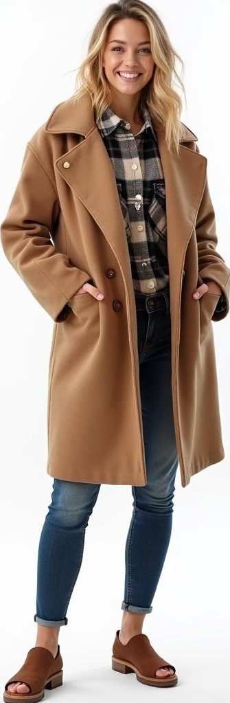 image of oversized wool coat, flannel-lined jeans