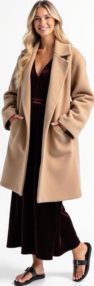 image of oversized wool coat, velvet maxi dress