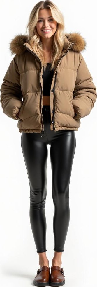 image of cropped puffer jacket, leather leggings