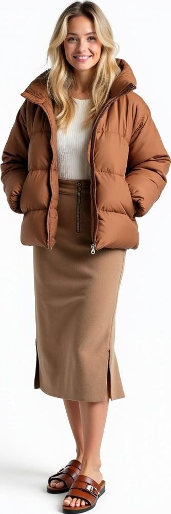 image of cropped puffer jacket, midi wool skirt