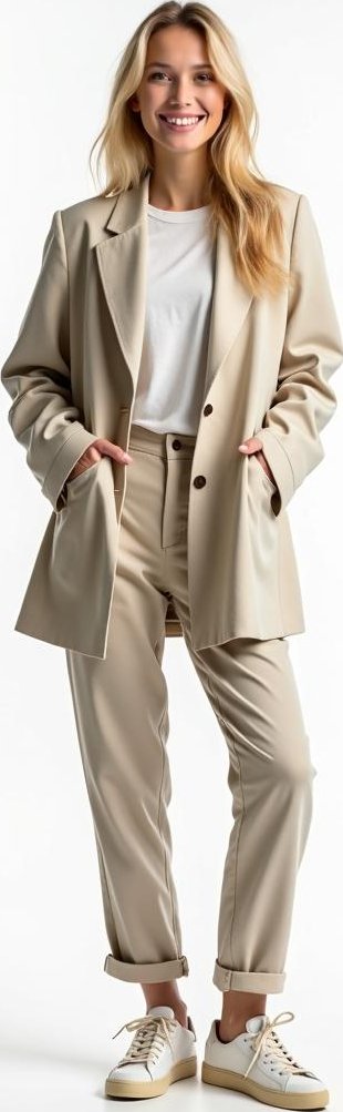 image of recycled polyester blazer, ethical sneakers