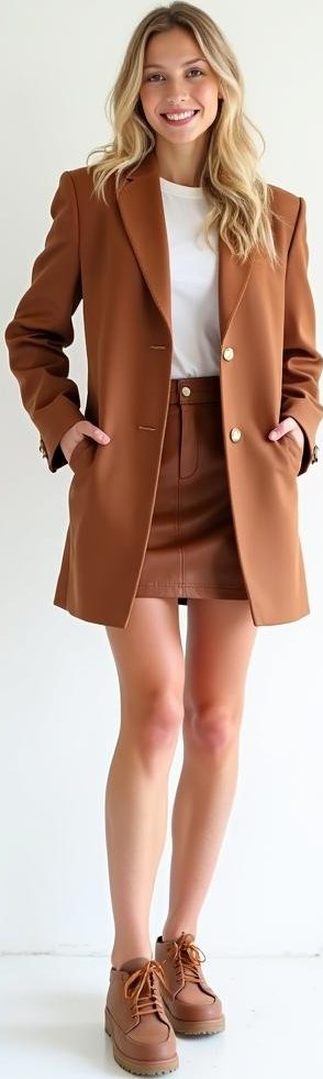 image of recycled polyester blazer, vegan leather skirt