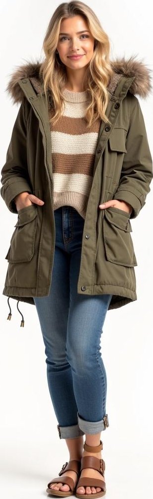 image of striped knit sweater, eco-friendly hooded parka
