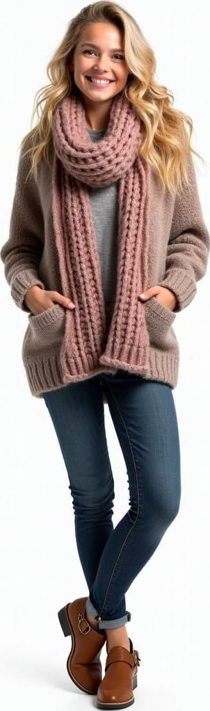 blond female model in chunky scarf, alpaca wool pullovers