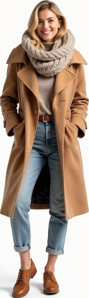 blond female model in chunky scarf, belted wrap coats