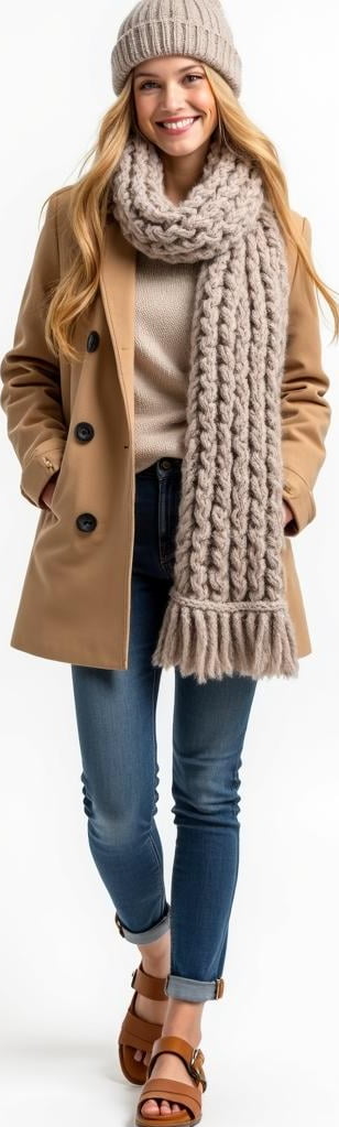 blond female model in chunky scarf, cashmere beanie