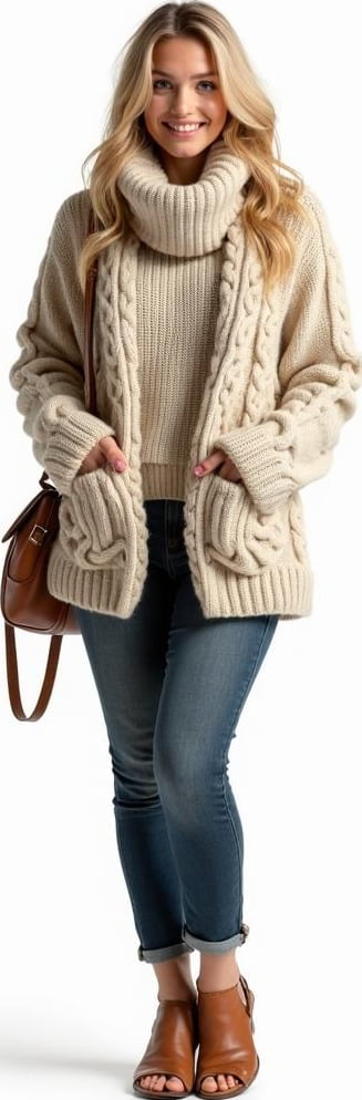 blond female model in chunky scarf, cable-knit sweaters