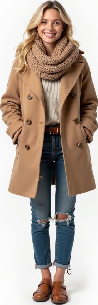 blond female model in chunky scarf, double-breasted peacoats