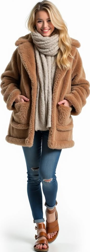 blond female model in chunky scarf, faux fur teddy coat