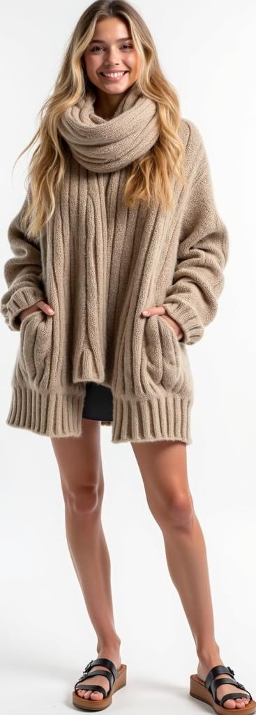 blond female model in chunky scarf, oversized cashmere sweater