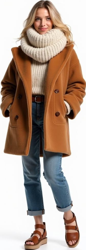 blond female model in chunky scarf, oversized wool coat