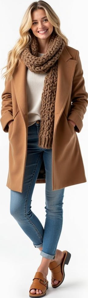 blond female model in chunky scarf, tailored blazer