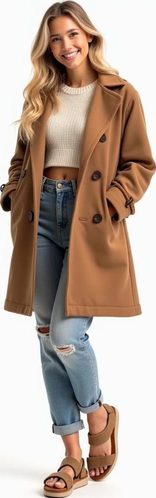 blond female model in crop knit top, double breasted peacoat