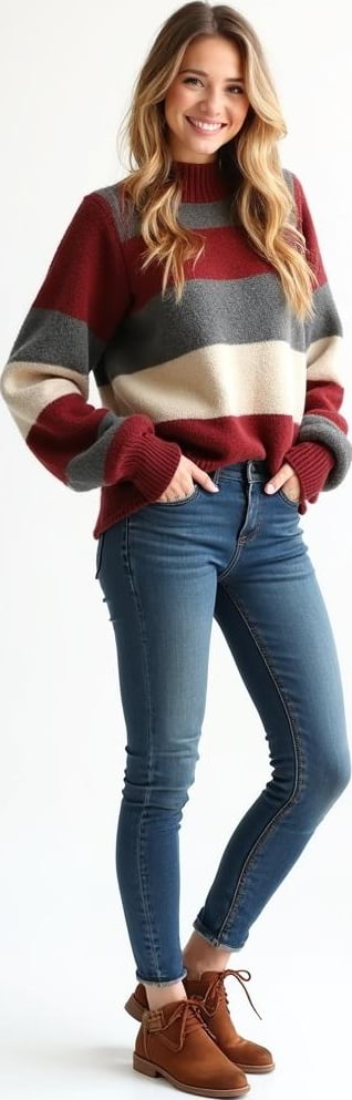 blond female model in flannel-lined jeans, alpaca wool pullover