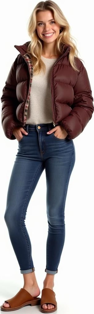 blond female model in flannel-lined jeans, cropped puffer jacket