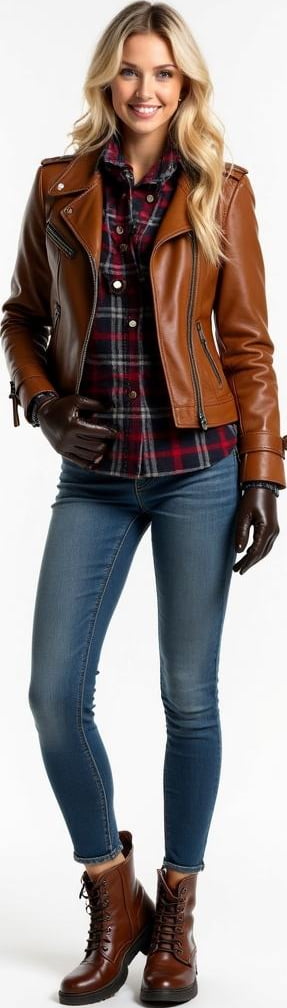 blond female model in flannel-lined jeans, leather gloves
