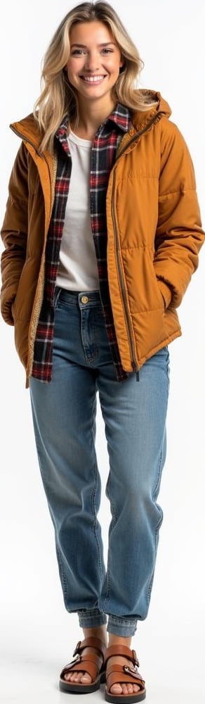 blond female model in flannel-lined jeans, quilted joggers