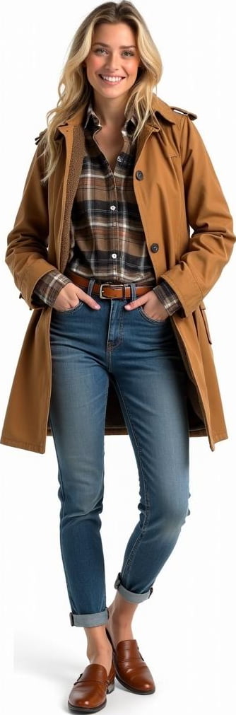 blond female model in flannel-lined jeans, trench coat with quilted lining