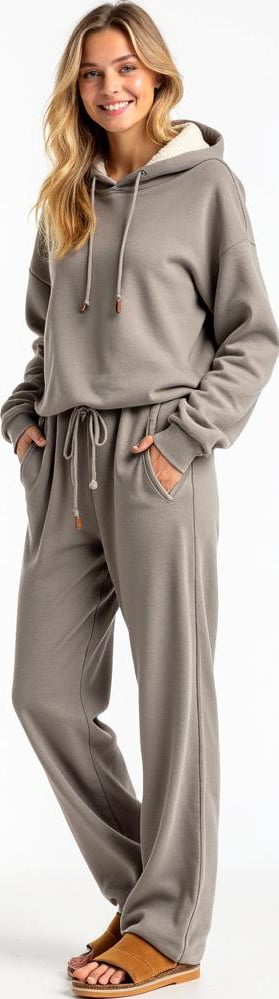 blond female model in fleece-lined hoodie, wide leg knit pants