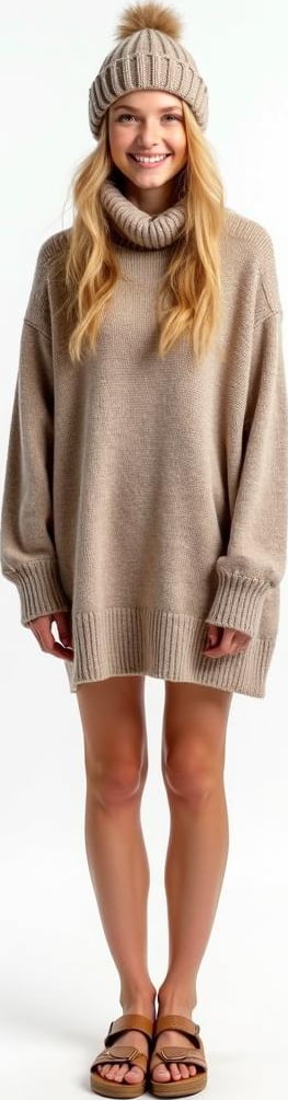 blond female model in knit turtleneck dress, chunky knit beanie