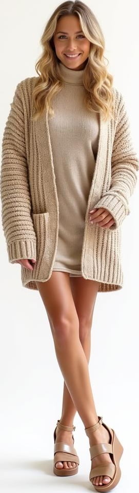 blond female model in knit turtleneck dress, chunky knit cardigan