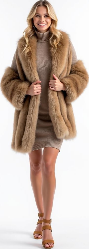blond female model in knit turtleneck dress, faux fur stole