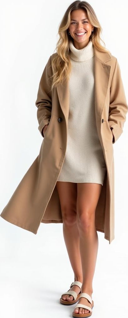 blond female model in knit turtleneck dress, longline blazer