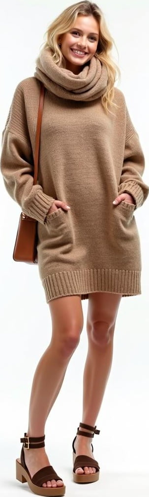 blond female model in knit turtleneck dress, overpriced scarf