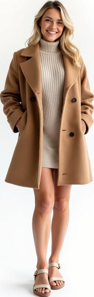 blond female model in knit turtleneck dress, wool coat