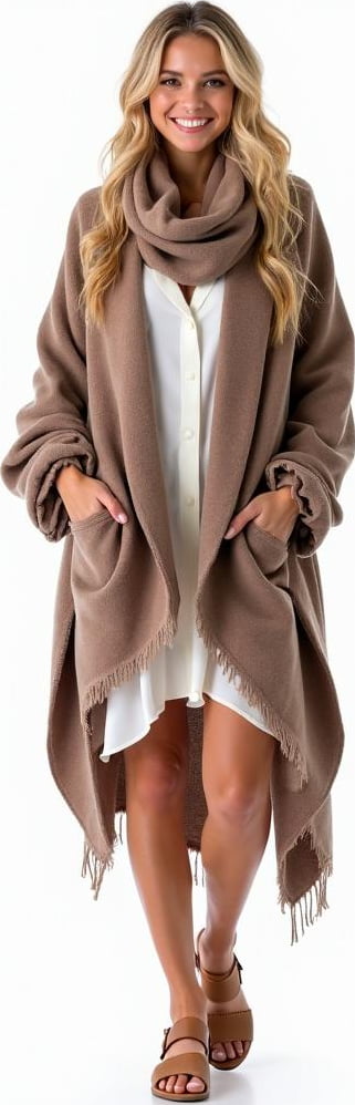 blond female model in long sleeve wrap dress, blanket scarf