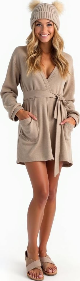 blond female model in long sleeve wrap dress, cashmere beanie