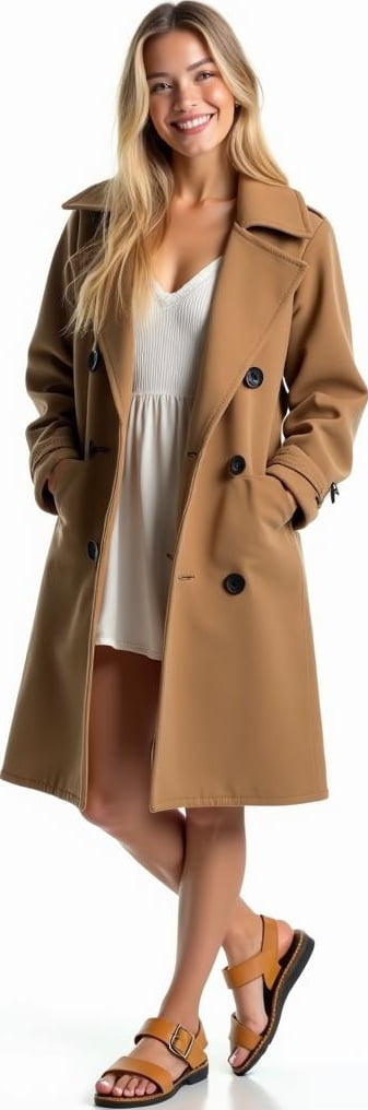 blond female model in long sleeve wrap dress, double breasted peacoat