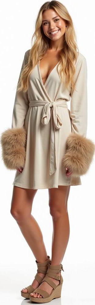 blond female model in long sleeve wrap dress, faux fur mittens