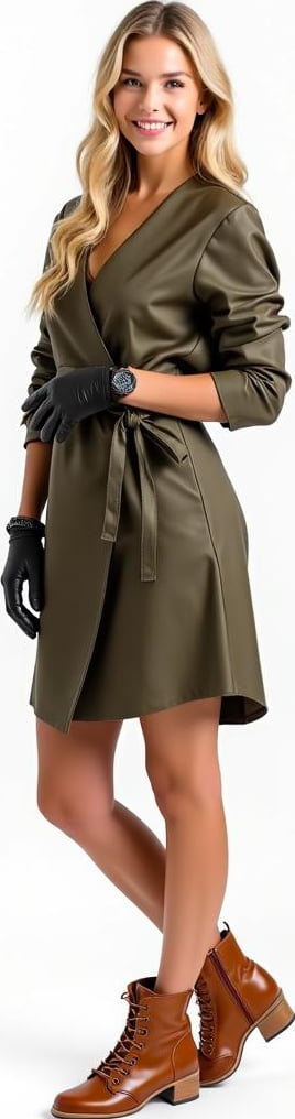 blond female model in long sleeve wrap dress, leather gloves