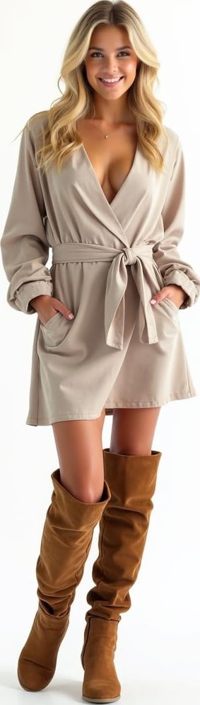 blond female model in long sleeve wrap dress, over-the-knee suede boots