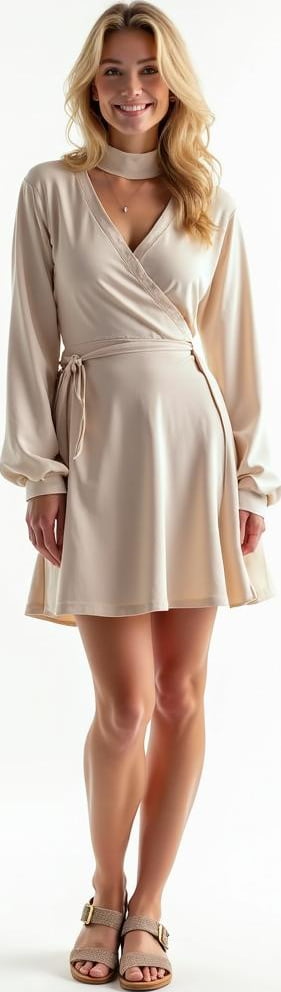 blond female model in long sleeve wrap dress, thermal turtleneck bodysuit