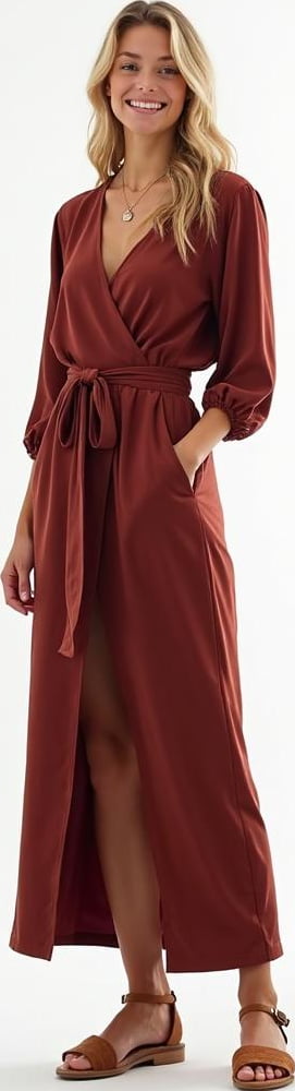 blond female model in long sleeve wrap dress, velvet maxi skirt