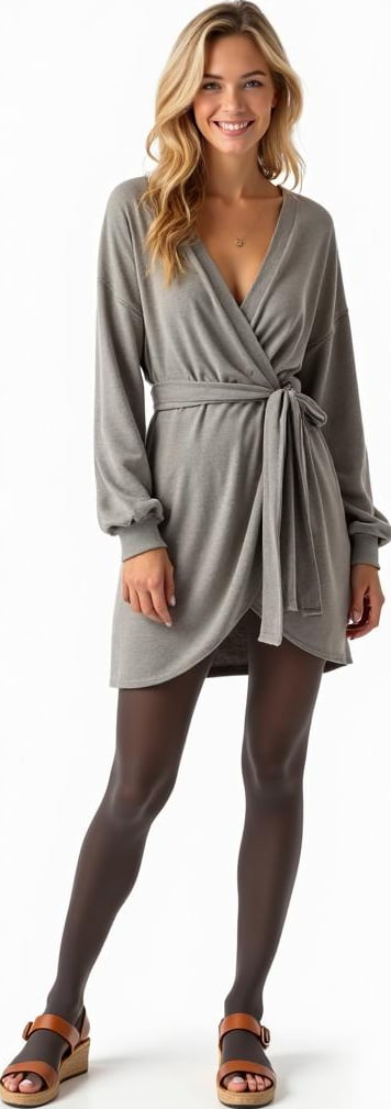 blond female model in long sleeve wrap dress, wool blend tights